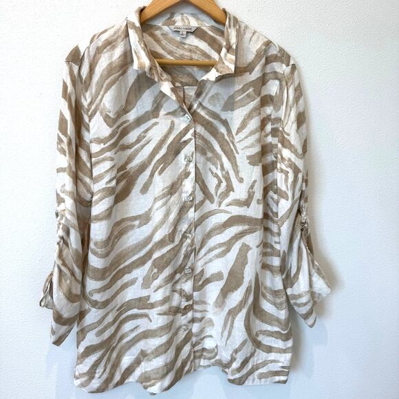 John Mark Linen Cotton Zebra Print Button Down Cinch Sleeve Tunic Top Large - Picture 13 of 14